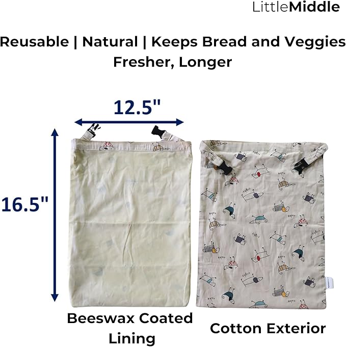 2 XL Beeswax Bread Bags for Homemade Sourdough, Produce, Sandwiches & Lunchbox Use - Reusable Bread Storage Bags, Washable (2-Pack)