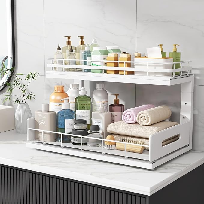 2 Pack 18 IN Depth Under Sink Organizer with Smooth Ball Bearing Slides,2-Tier Pull Out Cabinet Storage,Slide Out Drawers for Bathroom&Kitchen,Rust-resistant Coating,Height Adjustable-White