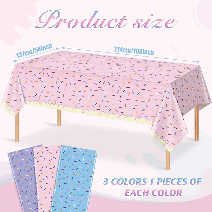 3pcs Sprinkle Ice Cream Party Decorations Tablecloths,Disposable Plastic Rectangle Table Covers for Baby Shower Sweet One Girl Birthday Donut Themed Party Supplies, 3 Color,54 X 108 Inch