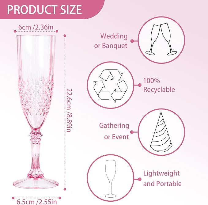 Plastic Champagne Flutes, 24PCS Pink Plastic Wine Glasses Goblets Reusable Champagne Flute for Weddings, Bachelor Parties, Toasting, and Events (24, Pink)