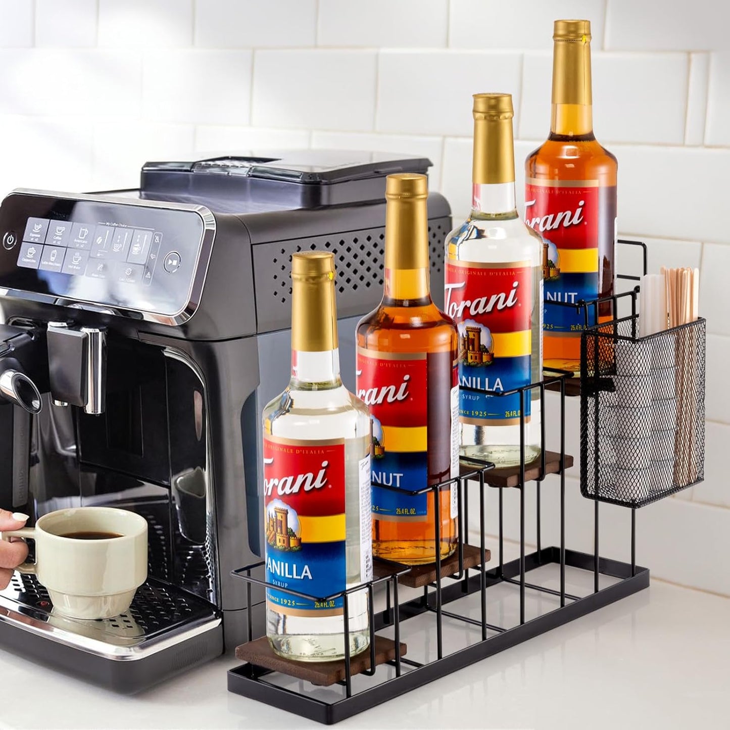 Coffee Syrup Rack Organizer, with Rustic Wood Holder Coffee Station Bar Accessory for Syrup, Wine, Dressing Bottle Countertop Display Storage Stand for Kitchen with Basket and Hooks Holds 4 Bottles