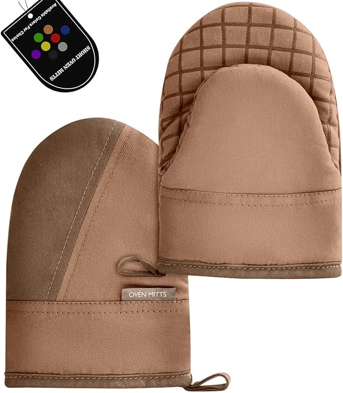Mini Oven Mitts, Kitchen Oven Gloves Kitchen Mittens 500 Degrees Heat Resistant Baking Gloves, Non-Slip Silicone Surface with Hanging Loops Hot Gloves for Cooking, Baking, BBQ 1 Pair-Brown