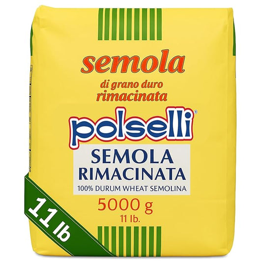 POLSELLI Italian Semola Flour, 11 lbs (5 kg), Fine Ground Semolina Rimachinata for Fresh Pasta, Bread, Grano Duro, Product of Italy, Durum Wheat, Unbleached, Natural, No additives, Index W240 (+0-5%)
