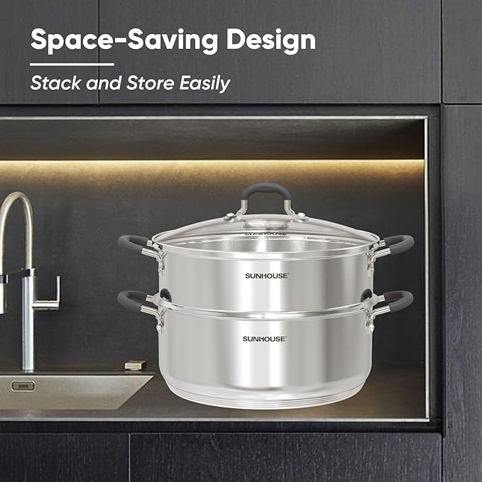 Sunhouse - 5.5 Quarts Steamer Pots With Lid 2-Tier Multipurpose Stainless Steel Steaming Pot Cookware For Vegetable, Dumpling, Sauce, Food - Triple Bottom, Measurement Line