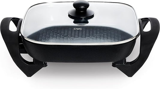 COOK WITH COLOR Electric Skillet - 12" x 12" Ceramic Nonstick Pan, PFAS-Free, 1400W, Tempered Glass Lid, Variable Temperature, Removable Heating Probe, Cool-Touch Handles, Black