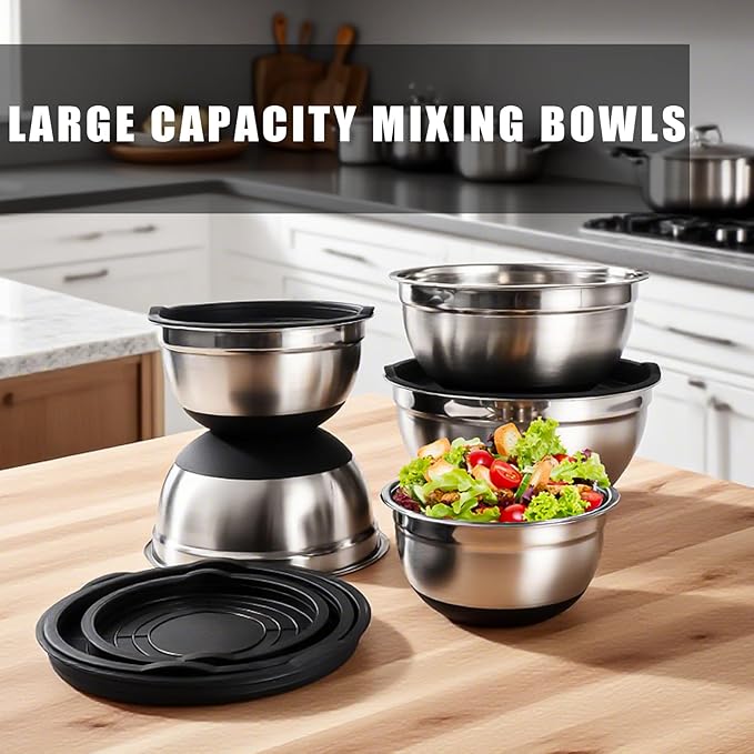 Lazycorner Mixing Bowls with Airtight Lids Set 5 Pcs Stainless Steel Bowls Set Baking Set Non-Slip Silicone Bottoms Great for Serving & Baking