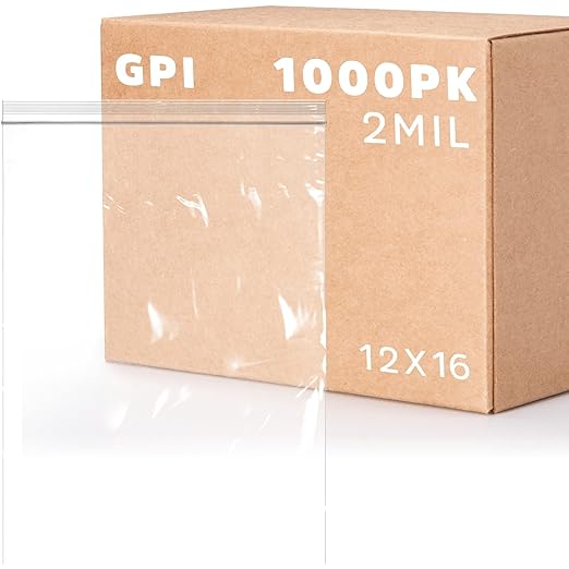 GPI - 12" x 16", Case of 1000, Clear Plastic Reclosable XL Zip Bags, 2 Mil Thick, Zip Poly Bags with Resealable Lock Seal Zipper For Food, Apparel, Shirts, Household, School & Office Supplies