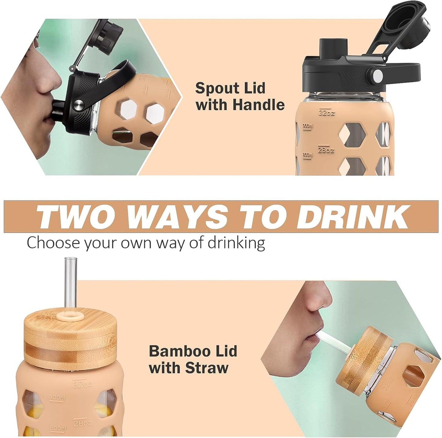 MUKOKO Glass Water Bottles, 32oz Glass Tumbler with Straw, Drinking Bottles with 2 Lids-Handle Spout Lid&Bamboo Straw Lid, Motivational Water Bottle with Time Marker and Silicone Sleeve, 1 Pack-Amber