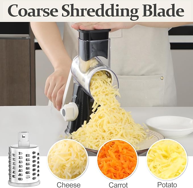 Cambom 5 in 1 Rotary Cheese Grater Hand Crank Cheese Shredder for Fresh Cheese, Vegetable, Nuts,Non-slip Suction Base, Black