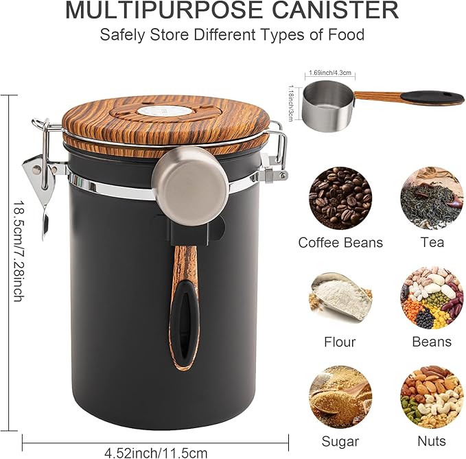 TEDSWAIT Coffee Canisters Airtight Coffee Bean Storage Container Kitchen Stainless Steel Food Storage Container with Scoop Date Tracker & CO2 Valve 61Fl Oz (Black)