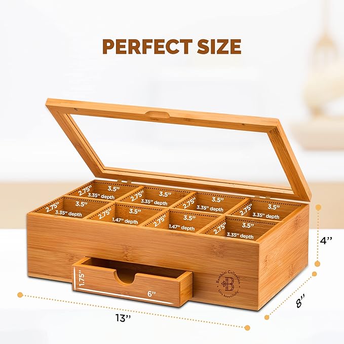 BAMBUSI Tea Bag Organizer - Bamboo Tea Box Storage with Drawer & Acrylic Window, Tea Organizer Holder, Tea Bag Holder, Tea Storage Box, Tea Box Organizer, Gift Idea for Home Kitchen (Tea Not Included)