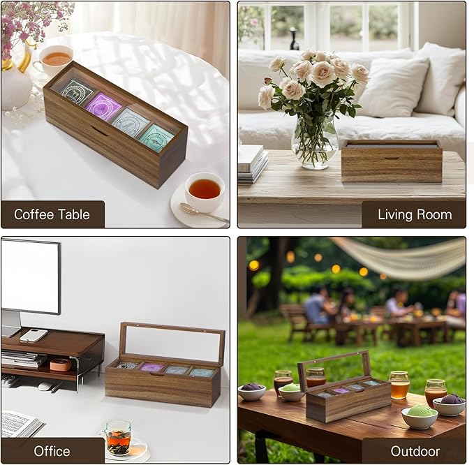 Acacia Wood Tea Bag Organizer, 4 Compartments Tea Box Organizer Storage Box, Teabag Holder Organizers with Clear Acrylic Window, Magnetic Lid and Removable Dividers