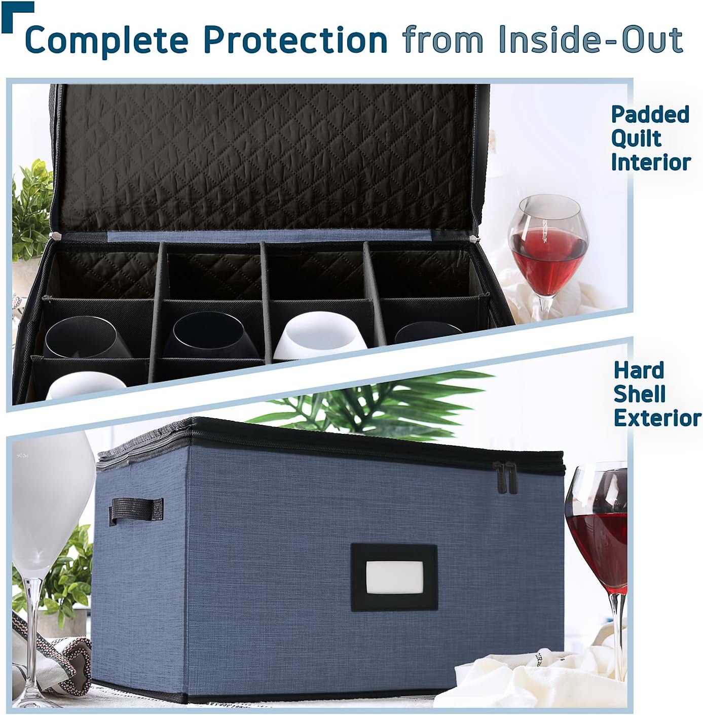 Wine Glass Storage Box with Dividers, 2 Pack Stackable Stemware Storage Cases, Service of 24 Glassware Storage Containers, Quilted China Storage Containers for Moving and Seasonal Storage, Blue