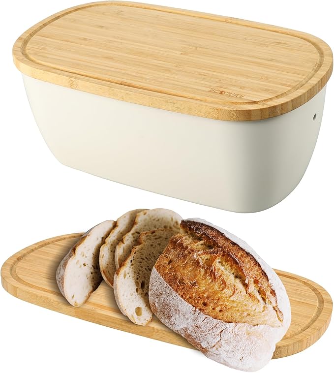 Bread Box for Kitchen Countertop - Bamboo Fiber Bread Bin with Reversible Cutting Board Lid, Juice Groove - Ventilated, Multi-Functional Storage Keeper for Freshness (14.2x7.8x5.5In, White)