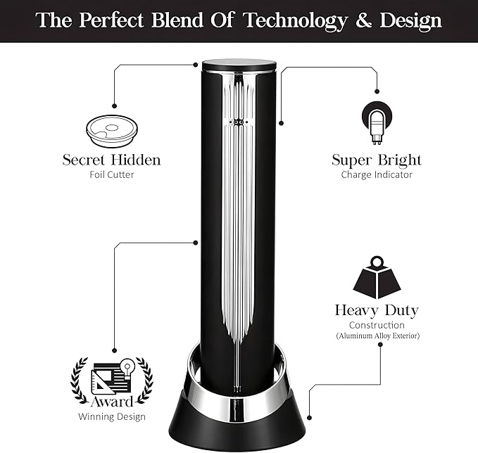 VINOWAKE Openero Electric Wine Opener By LINKSTYLE — Rechargeable Battery with Charging Base, Precision Steel Foil Cutter, Luxurious Matte Finish