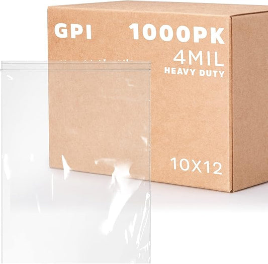 GPI - 10" x 12" - Bulk Pack of 1000, 4 Mil Thick, Heavy Duty, Clear Plastic Reclosable Freezer Zip Bags, Strong & Durable Poly Baggies with Resealable Zipper Top Lock.