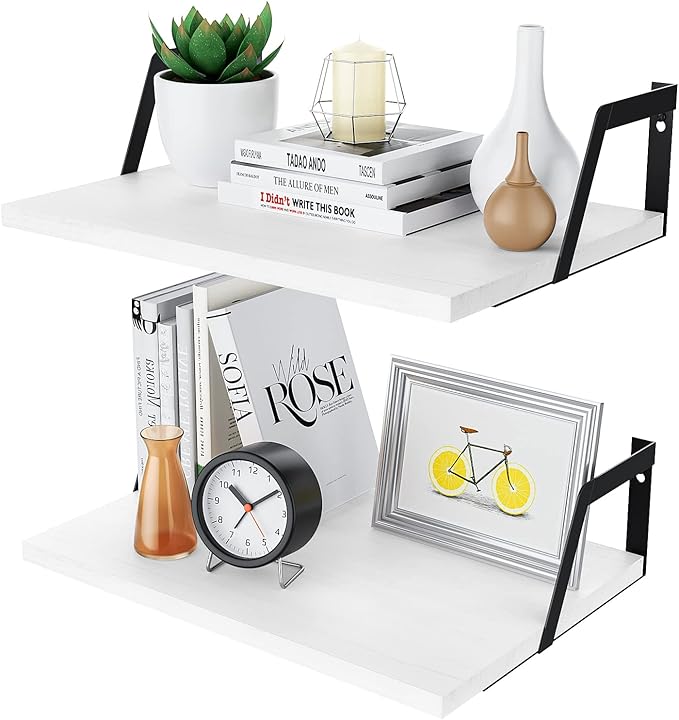 SRIWATANA Floating Shelves Wall Mounted Set of 2 Rustic Wood Shelves with Large Capacity(Washed White)