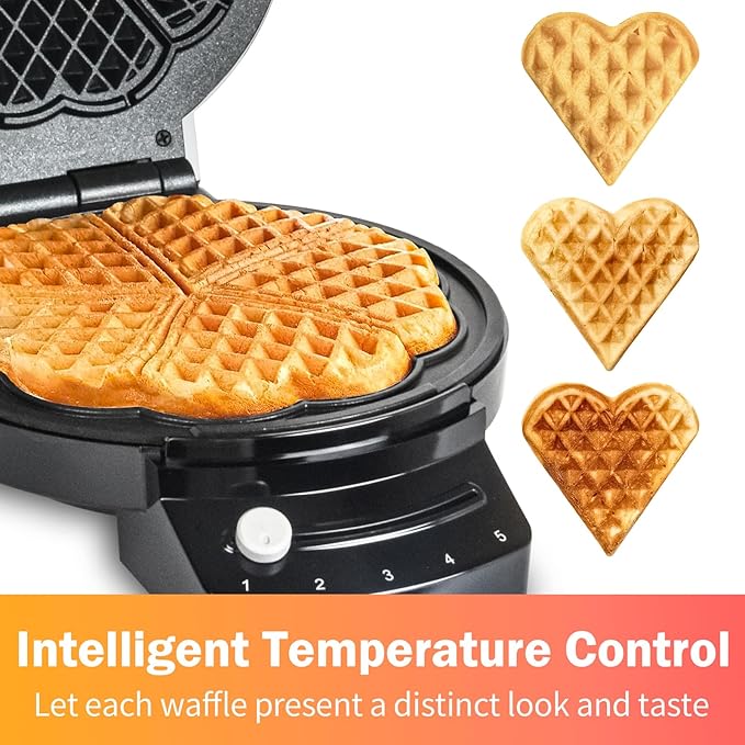 Electric Heart-shape Waffle Maker: 5-Temp Control & Fast Heating - Black round Shape with Non-Stick Scratch-Resistant Coating for Belgian Waffles（Single-plate）