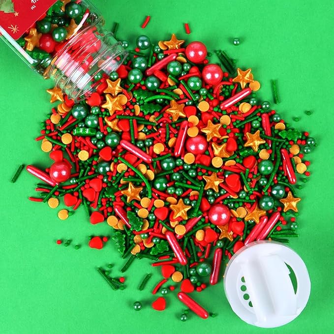 Christmas Sprinkles for Cookies, Red and Green Sprinkles With Green Tree & Gold Star, Perfect for Christmas Dessert Party 4.23 Ounce