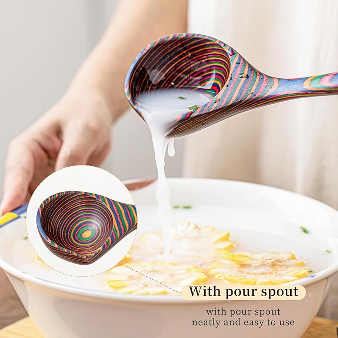Gudamaye Pakkawood Rainbow Deep Soup Ladle with Spout, 9.6 inch Big Soup Ladle for Cooking