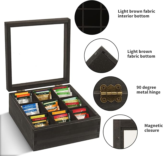 Black Wood Tea Bag Organizer, 9 Compartment Multi-Functional Tea Box and Storage Organizer,Tea Storage Chest with Acrylic Lid