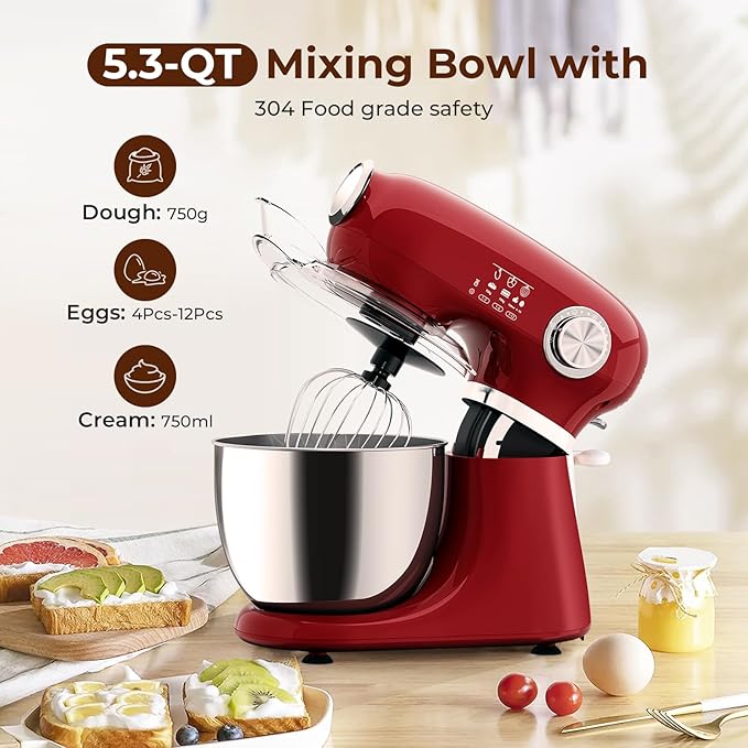 Stand Mixer With 12 Speed,5.3 Quart Electric Mixer With Tilt Head, Kitchen Mixer for Daily Use with Egg Whisk,Dough Hook,Flat Beater, RED