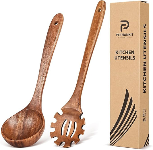 Wooden Spoons for Cooking,2 Pcs Wooden Utensil Set of Soup Ladle &Spaghetti Pasta Spoon with Teeth, Teak Wood Soup Ladle&Slotted Pasta Fork Strainer Spoon Set for Serving Collecting Noodle Gravy Sauce