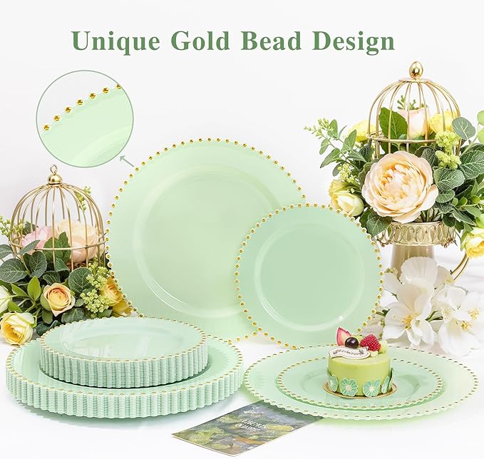 supernal 100pcs Green Disposable Plates - Green Heavy Duty Plastic Plates With Gold Beads - Include 10inch Dinner Plate and 7inch Plastic Dessert Plate - Disposable Serving Platters for Party,Wedding