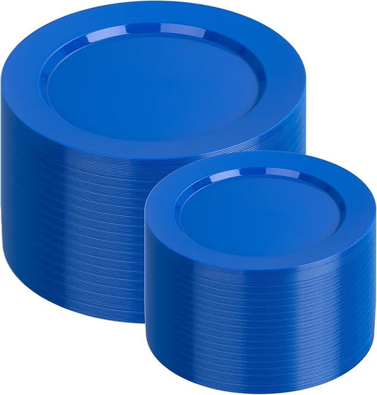 I00000 200 Pcs Blue Plastic Plates, Disposable Party Plates Include 100 Blue Dinner Plate 10’’ and 100 Plastic Dessert Plate 7’’ Perfect for Birthday, Party & Wedding