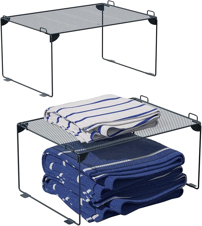 Neudeco Stackable Cabinet Shelf Organizer - 2 Pack Metal Mesh Stacking Shelves for Kitchen, Closet, Bathroom, Countertop and Cabinet -Gray
