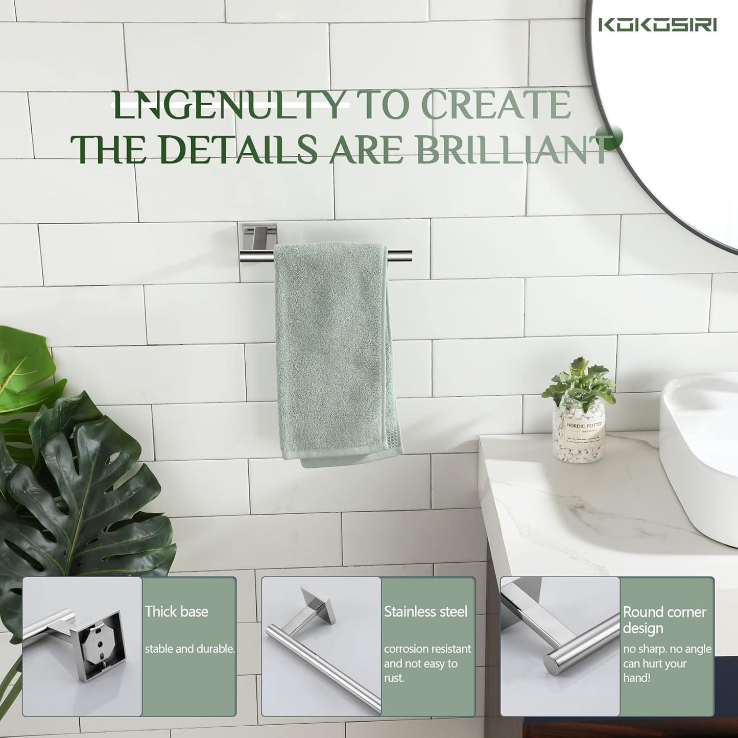 KOKOSIRI Bathroom Hand Towel Holder Rack Bathroom Hardware, Suitable for Wall Mounted Towel Bar Screw in 2 Pack, Polished Stainless Steel B3008CH-P2