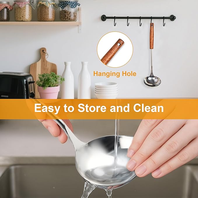 FJNATINH Soup Ladle, Food Grade Stainless Steel Ladle, Cooking Soup Spoon Kitchen Tools with Heat Resistant Wooden Handle, 13.7 Inches