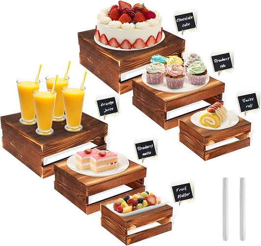 6 Pcs Buffet Risers with Mini Signs, Rustic Wood Cake Stands, Food Risers for Buffet Table, Dessert Display Stand, Wood Crates, Rustic Cake Stand for Party, Wedding, Birthday, Baby Shower, 3 Sizes