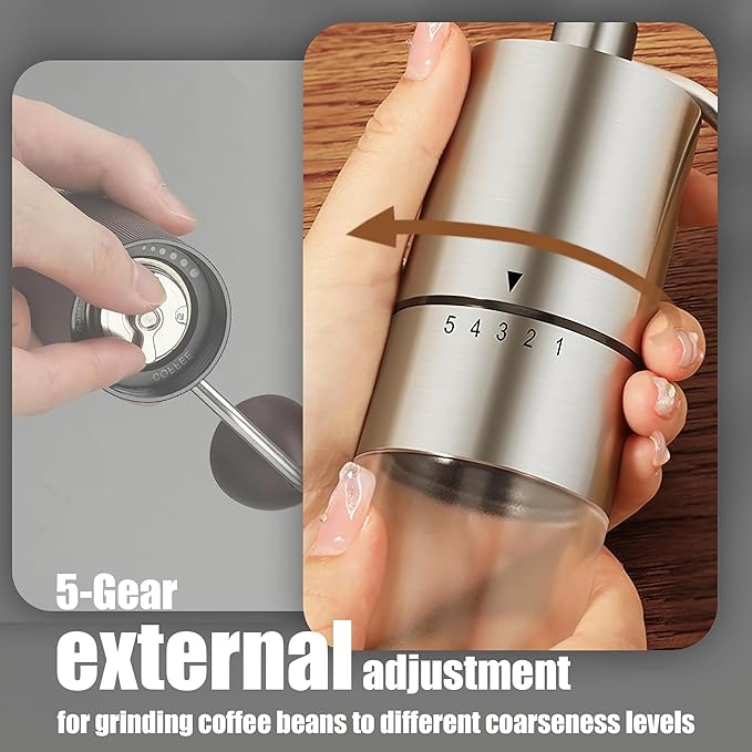 Portable Manual Coffee Grinder - Conical Burr with 5 Adjustable Settings for Smooth Grinding, Perfect for Espresso Enthusiasts at Home, Office, or Camping