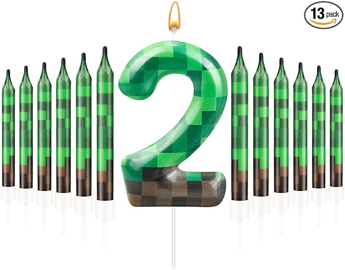 13 Pcs Dynamite Candles 12 TNT Themed Birthday Cake Candles and Number 2 Candle Cake Topper for Pixel Theme Birthday Party Anniversary Party Dynamite Theme Party Video Game Party Supplies (Number 2)