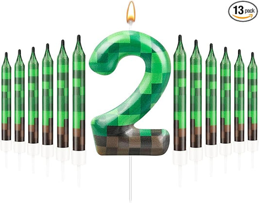 13 Pcs Dynamite Candles 12 TNT Themed Birthday Cake Candles and Number 2 Candle Cake Topper for Pixel Theme Birthday Party Anniversary Party Dynamite Theme Party Video Game Party Supplies (Number 2)