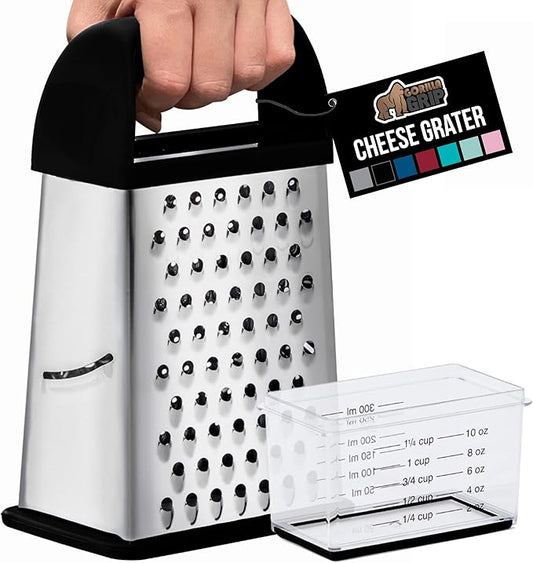GORILLA GRIP XL 4-Sided Cheese Grater With Container, 100% BPA-Free Stainless Steel Box Graters, Parmesan Shredder, Grate Cheeses, Shred Veggies, Slip Resistant Handle, Dishwasher Safe Zester, Black