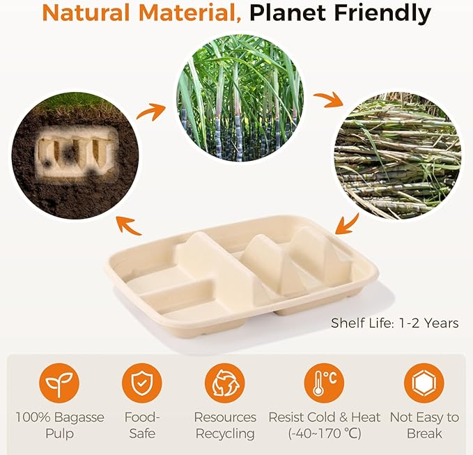 100 PCS Taco Plates Disposable, Bagasse Pulp 2-Slot Taco holder with Side Compartments, Safe Plant Fiber Tray for Taco Tuesday, Party, Sandwich, Hot Dog, Sauce & Snack Serving (With Compartments)