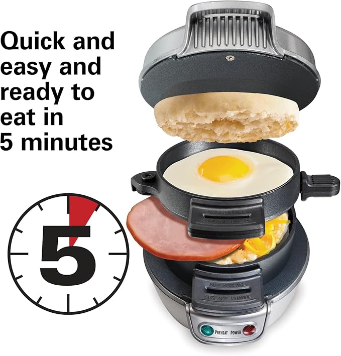 Hamilton Beach Breakfast Sandwich Maker with Egg Cooker Ring, Customize Ingredients, Perfect for English Muffins, Croissants, Mini Waffles, Perfect White Elephant Gifts, Silver (25475)