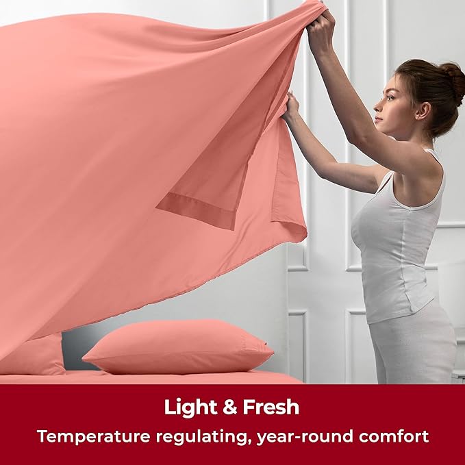 Mellanni Twin XL Sheets Set - 3 PC Iconic Collection Bedding - Hotel Luxury, Extra Soft, Cooling Bed Sheets - Wrinkle, Fade, Stain Resistant (Twin Extra Long, Coral)