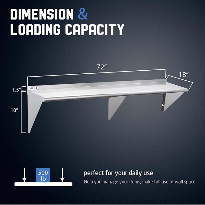 Profeeshaw NSF Stainless Steel Shelf 18” x 72”, 500 lb Commercial Shelves Wall Mounted Metal Shelving with Backsplash and 2 Brackets for Restaurant, Bar, Utility Room, Kitchen and Garage