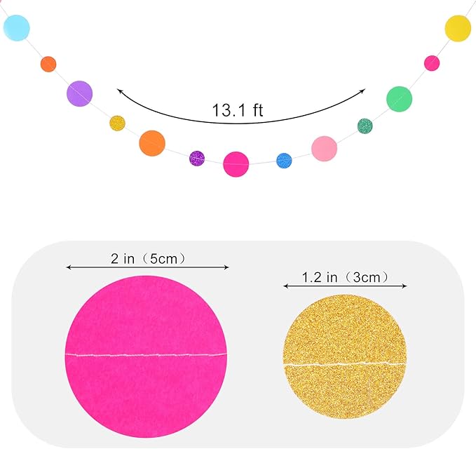 Outus 10 Pieces Colorful Dots Paper Garland Round Glitter Garland Hanging Confetti Streamers Backdrop Decoration for Birthday Classroom Candy Sprinkles Trunk or Treat Party (Rainbow)
