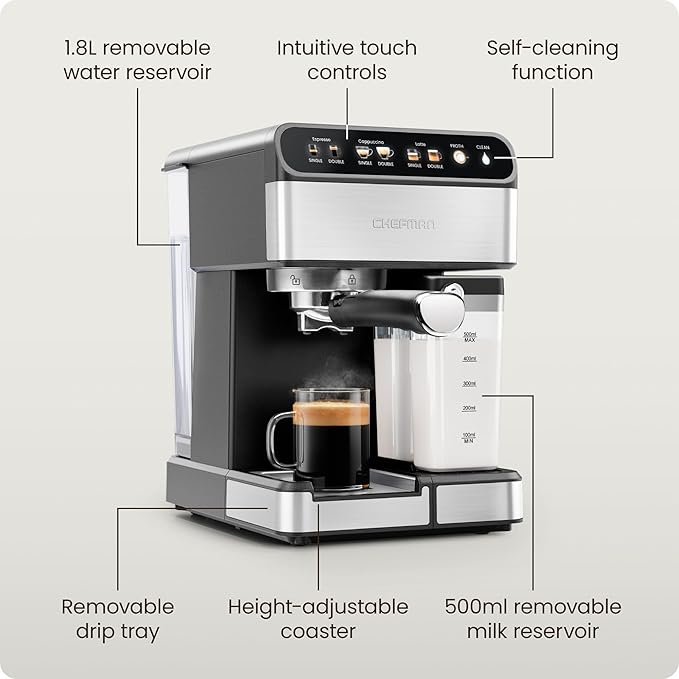Chefman CaféMaster Pro Espresso Machine, Brew Single or Double Shots, Coffee Maker with Built-In Milk Frother for Cappuccino & Latte, XL 1.8 Liter Removable Water Reservoir - Stainless Steel