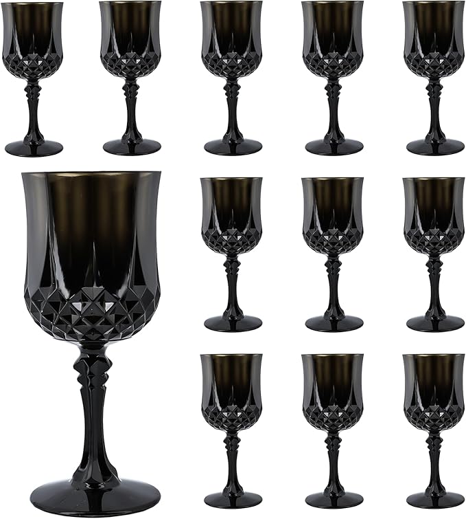 Plastic Wine Glasses，Plastic Goblets Vintage Style Cordial Drinking Glasses for Wedding Reception, Grand Event Party Supplies (12, Black)