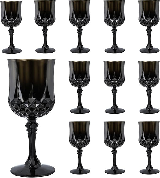 Plastic Wine Glasses，Plastic Goblets Vintage Style Cordial Drinking Glasses for Wedding Reception, Grand Event Party Supplies (12, Black)