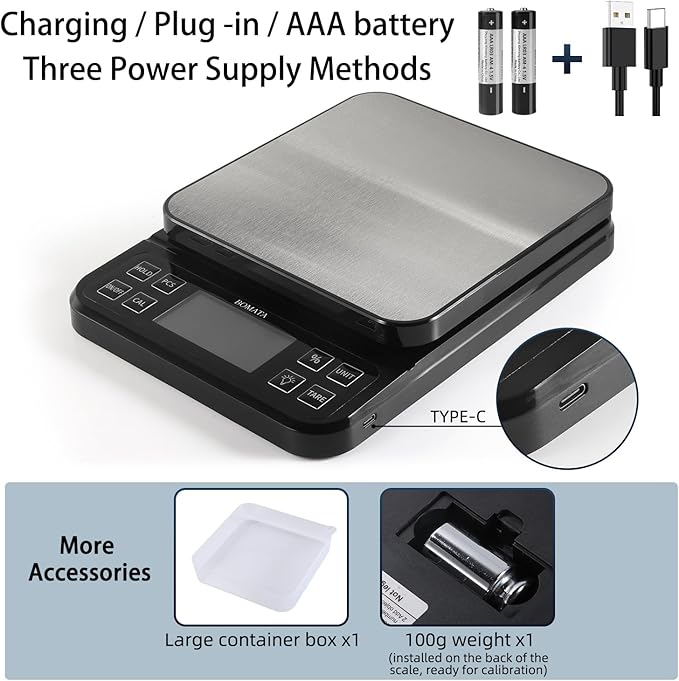 BOMATA Large Kitchen Scale with 0.1g/0.001oz High Precision, 5kg/11lb Bakery Scale with% Percentage Function, USB Rechargeable, Full-View Angle LCD with Backlight, Stainless Steel Pan