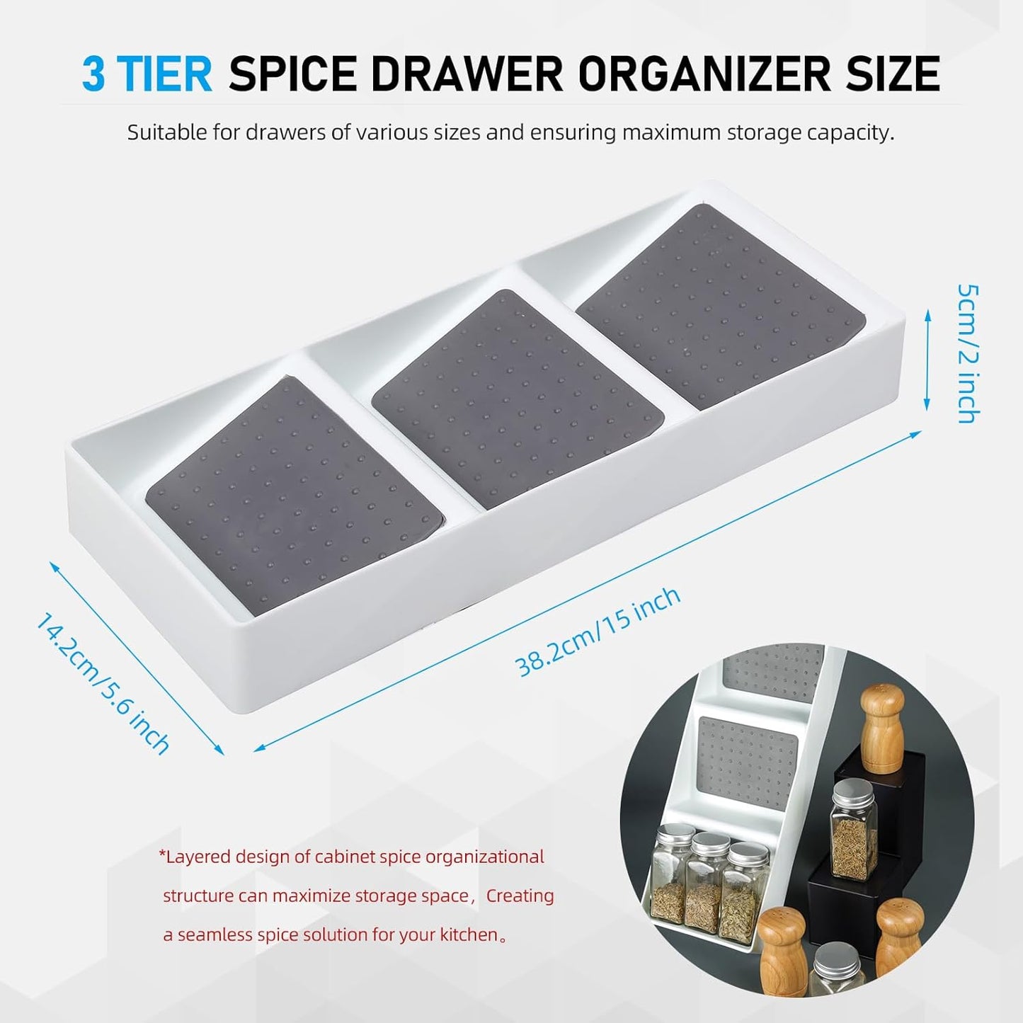 Spice Drawer Organizer, 3 Tier Non-Slip Silicone Seasoning Jars Drawer Insert, Spice Rack Organization for Kitchen Spice Rack Tray for Cabinet Countertop Makeup Storage-2 Pack