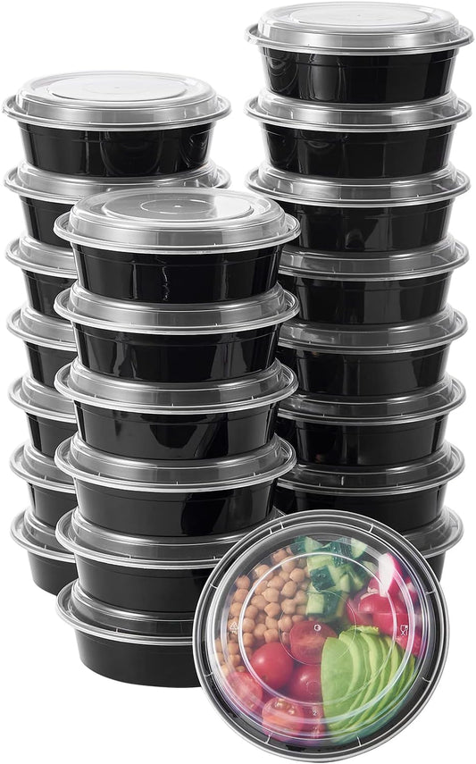 FULING 24 oz 150 ct Round Meal Prep Food Storage Containers with Lids To Go Plastic Lunch Plan Box Disposable Take Out Bowls Black BPA Free Reusable Durable Stackable Microwave Freezer Dishwasher Safe