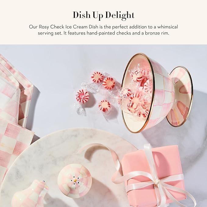 MACKENZIE-CHILDS Enamel Ice Cream Bowl, Serving Bowl for Entertaining, 2-Cup Capacity, Pink-and-White Rosy Check