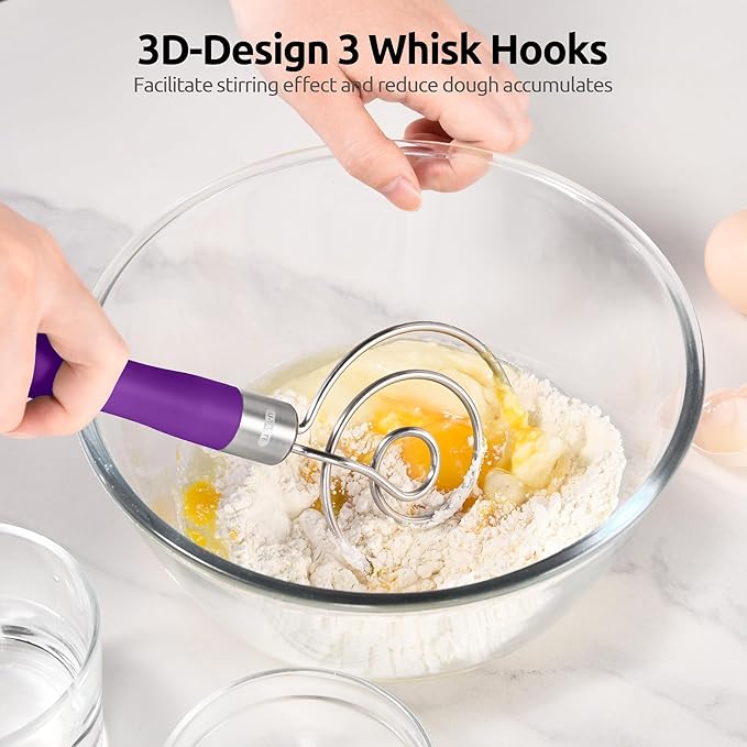 U-Taste 12.6in Danish Dough Whisk: 18/8 Stainless Steel Heavy-Duty Sourdough Mixer Tool, Food Grade Dutch Style Seamless Bread Wisk, Sturdy for Mixing, Stirring, Kneading Thick Batter (Purple)